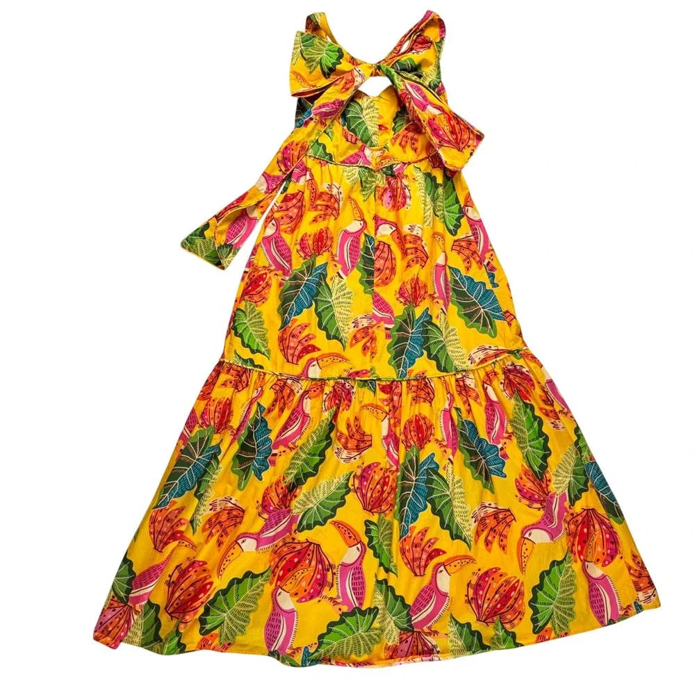 Farm Rio Yellow Tropical Toucan Banana Print Tiered Tie Back Maxi Dress Cotton